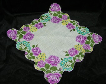 Vintage 50's 13" Scallop Purple, Teal Blue Floral Wedding Favor, Banner, Pocket Square Handkerchief - 9837