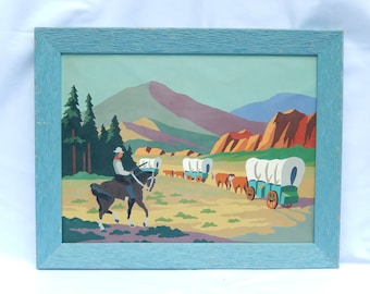 vintage paint by number, Wild West, cowboy, covered wagon, horses, 1950s, home decor, wallhanging, picture