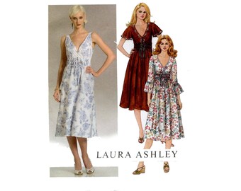 Laura Ashley Dress Pattern V Neck Summer Empire Flared Dress Sleeveless Flutter Flounce Sleeves McCalls 5316 Bust 36 38 40 42 Sewing Pattrn