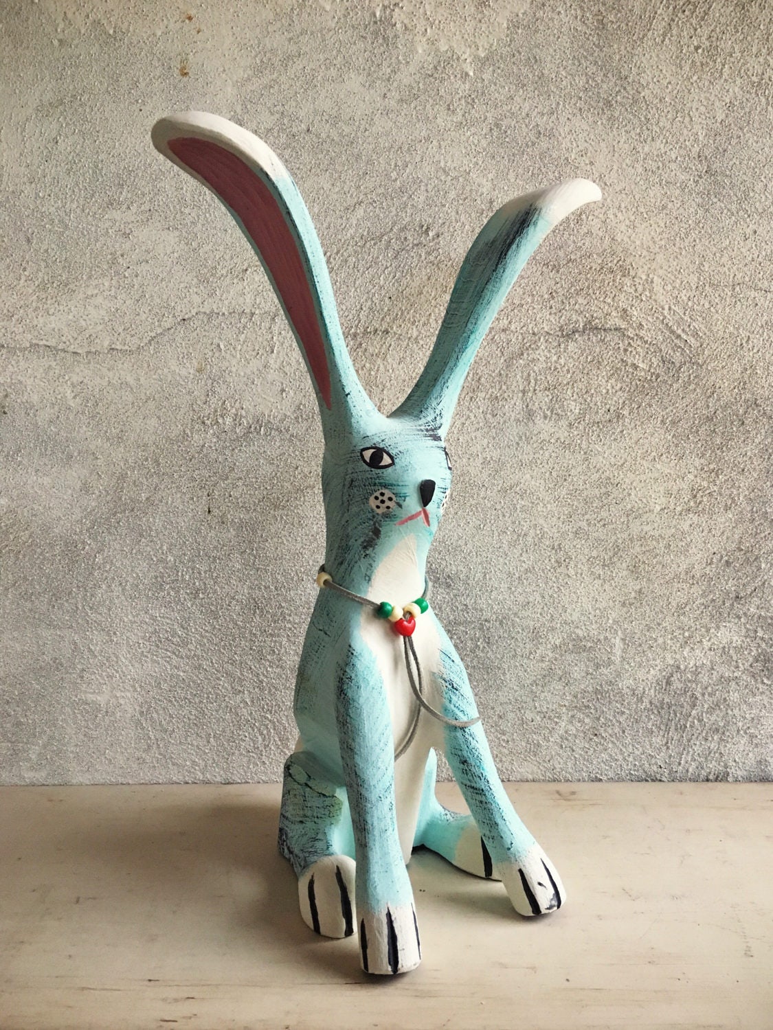 Vintage folk art rabbit sculpture by Rodriguez, rabbit wood