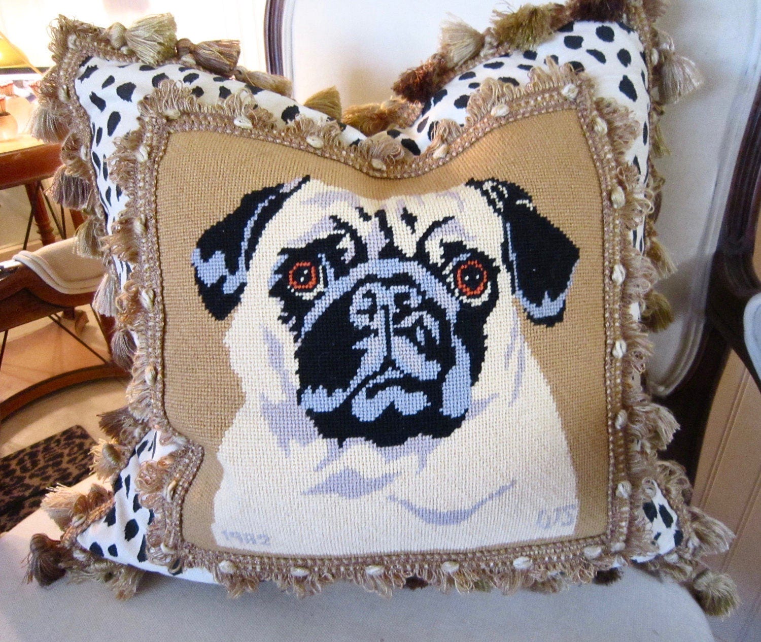 pug needlepoint pillow