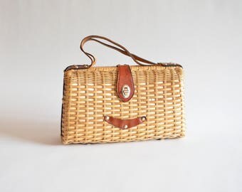 Vintage 1960s STRAW and leather handbag
