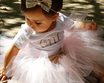 First Birthday Outfit Girl; One Birthday Tutu Outfit in Pink and Gold Glitter; Baby Girl First Birthday Outfit; Gerber ® Onesies ® brand
