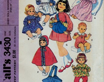 McCall's 3430 Vintage Doll Clothes Sewing Pattern, Baby Doll Wardrobe and Carrier Pattern, 14" - 16" Doll Clothes Pattern, Uncut