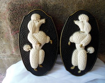 Miller Studio 1969 Dancing French Poodle Black White and Gold Chalkware Plaques