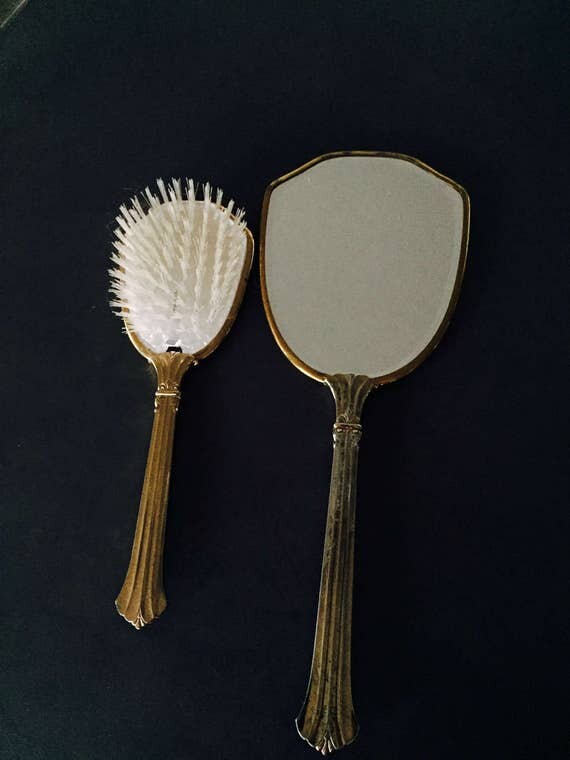 Long Handled Brush And Mirror Set Raised Floral by missenpieces