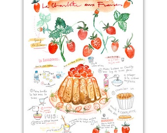 Strawberry shortcake recipe print, French Kitchen decor, Food art, Red home decor, Watercolor recipe, Cake painting, Bakery print, Dessert