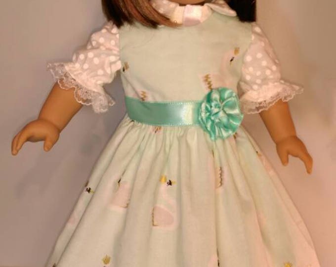 Aqua swan queen print doll dress, white short sleeve shirt, matching shoes for 18 inch dolls