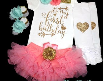 1st Birthday Girl Outfit, First Birthday Bodysuit, Cake Smash, Photo Prop, Coral Tutu Bloomer, Coral and Gold Birthday Outfit, Birthday Set