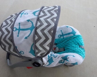 Nautical Infant car seat cover, Anchors baby cover, Chevron baby seat slipcover, made to order for your brand of car seat