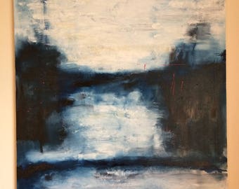 Original Abstract Oil Painting; blue, white; water; sea