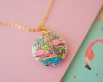 Flamingo Locket, Flamingo Necklace, Flamingo Pendant, Tropical Jewellery, Tropical Necklace, Pink Flamingo, Flamingo Charm,