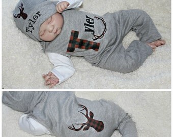 Newborn Boy Coming Home Outfit Buffalo Plaid Red Black Plaid Deer Woodland Baby Boy Clothes Personalized Baby Boy Gift Romper Hat Option