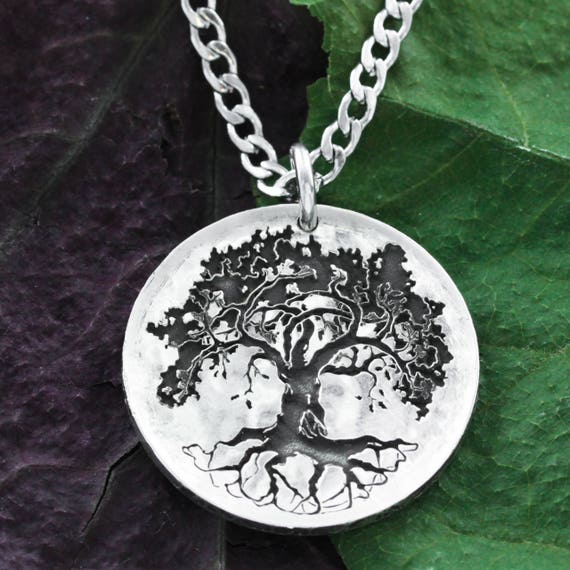 Silver Oak Tree Necklace Tree Jewelry Hammered and Engraved