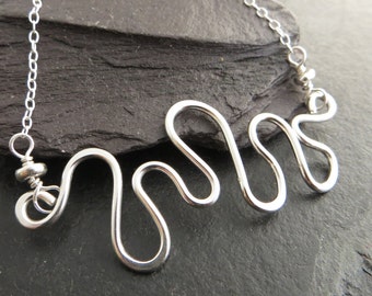 Sterling Silver Necklace, Silver Bib Necklace, Wave Necklace, Silver Bar Pendant, Wire Necklace, Silver Jewellery UK, Choose Your Length