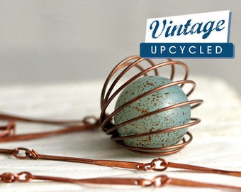Vintage cage necklace. Copper cage with turquoise bead and long bar necklace. Genuine vintage, modern geometric jewelry for her.