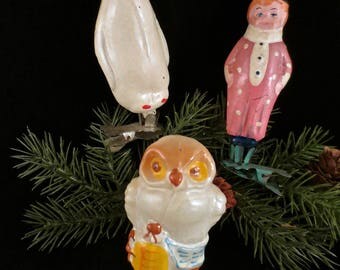 Three Vintage Russian Glass Clip-on Christmas Ornaments