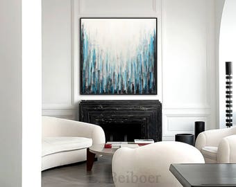 Large artwork blue white original modern abstract oil painting