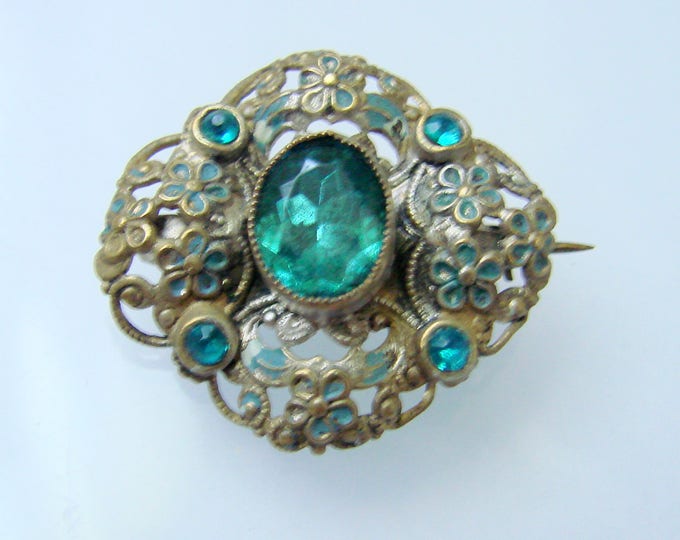 Victorian Aquamarine Paste Enamel Brooch / Goldtone Floral Accent / Vintage Jewelry / Jewellery