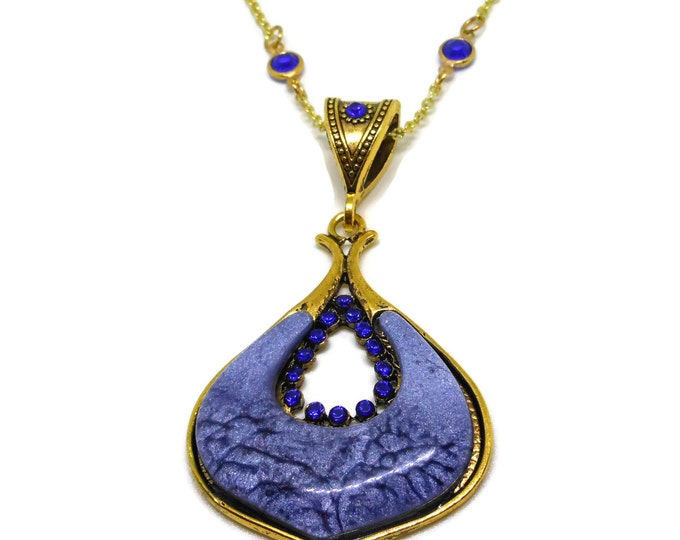 FREE SHIPPING Blue glass teardrop pendant, blue rhinestone & crystal accents, gold chain large bail perfect for switching up looks, extender