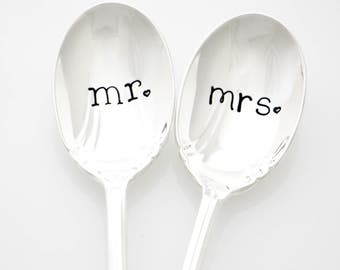 Mr. and Mrs. wedding silverware. Hand stamped iced tea spoons. Summer wedding present idea.