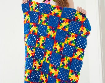 Vintage rainbow granny square afghan, lap blanket throw, blue baby colorful small, 1970s SALE