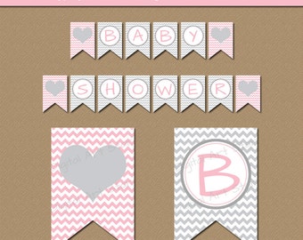 Baby Banner, Pink and Gray Baby Shower Decorations, Baby Shower Banner Printable, EDITABLE Banner, Pink and Grey Banner Digital Download BB1