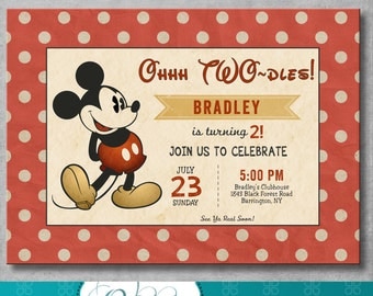 Vintage Mickey Mouse Birthday Invitation - Boy - Mickey Mouse Themed Party - 2nd Second Birthday - Customizable - Digital - Printable - DIY