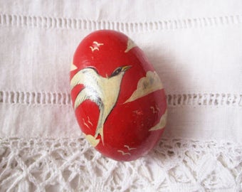 Vintage french wooden egg, Wood, 1940, Handmade painted, Red egg, Oeuf en bois peint, Birds