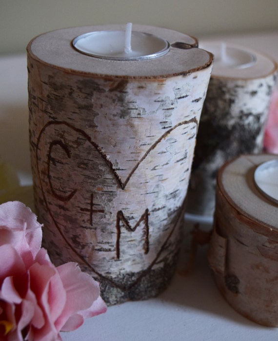 Set of 3 Birch Candle Holders Rustic Outdoor Wedding Winter