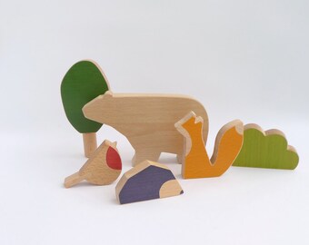 Animals wooden toy set, woodland animals toy - fox, hedgehog and bird