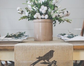 Burlap Table Runner, Table Runner, Bird Table Runner, Perched Bird, Farmhouse Table Runner * Free Shipping*