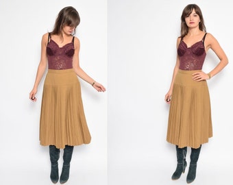 Vintage 80's High Waisted Accordion Pleated Midi Skirt / Khaki Pleated Skirt - Size Medium