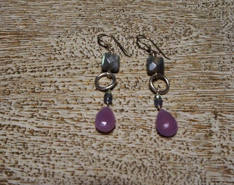 Lilac CHALCEDONY Hoop earrings, Labradorite squares, tanzanite, amethyst. S.S. faceted gemstones. long/chandelier/