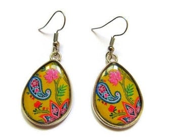 TEARDROP EARRINGS - drop earrings - Paisley Pattern - yellow - BOHO Earrings - Hippie Earrings - Indian - Ethnic Earrings - Tribal Earrings