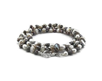 Freshwater Pearl Wrap Bracelet - Black and White Pearl Wrap Bracelet - Pearl Jewelry - Beaded Wrap Bracelet - Boho Bracelet - Pearl Necklace