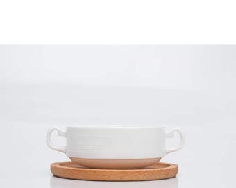 Japanese Pottery Soup Bowl Set | handmade ceramic wood plate | stoneware wooden dining