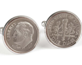 2007 Cufflinks, Tin Anniversary Gift, 10 year Anniversary Gift, Aluminum Anniversary Gift, Dime Coin Cufflinks, 10th Anniversary Gift