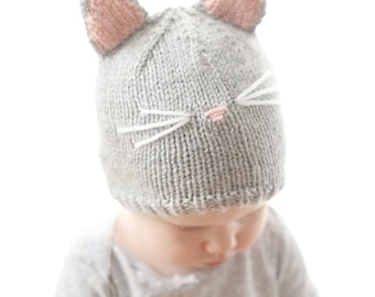 Kitty Cat Baby Hat KNITTING PATTERN - knit cat hat pattern for babies, infants, toddlers - sizes 0-3 months, 6 months, 12 months, 2T+