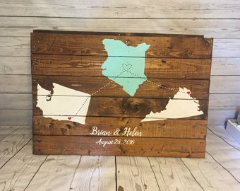 Personalized wedding Map, Alternative guestbook, Map art, Anniversary Map, Wood pallet 3 State Guest book sign, Valentines gift