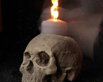SKULL CANDLE HOLDER (natural) full size human skull candle holder made from plaster of Paris and painted for a weathered appearance