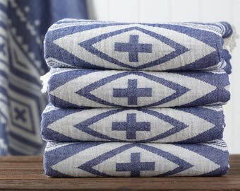 Tribal Kilim Towel, Bath Towel, Turkish Towel, Peshtemal, Hammam Towel, Navy