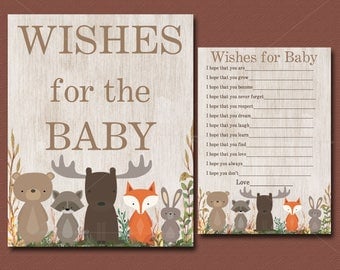 Woodland Baby Shower game, Wishes for Baby Card & Sign, Woodland wishes for baby card - Animal Baby Shower, PRINTABLE INSTANT DOWNLOAD 016