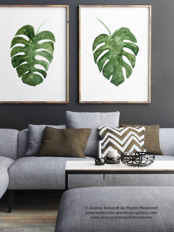 Monstera Deliciosa Plant Art Print set 2 Leaves Green