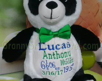 NEW*** PANDA black /white custom animal. Embroidered, personalized tummy. Memorial, Newborn, or a gift for someone left behind.