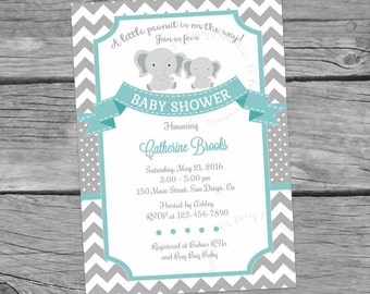 Elephant Baby Shower Invitation. Little Peanut Invitation. Little Peanut Shower. Teal and Grey. Gender Neutral Shower. D4 Digital File.