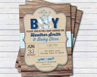 Rustic elephant baby boy shower invitation. It's a boy, coed couples baby shower. Rustic wood and burlap printable digital invite. B234