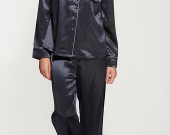 Women's Long Silk Pyjama Set - Silk Nightwear Set - Bridal Pyjamas - Handmade - 100% Silk - Midnight Grey Colour