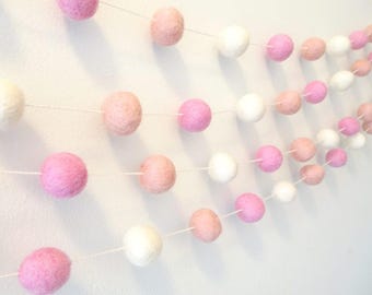 Felt Ball Garland, baby girl nursery decor, girl baby shower decorations, pink, blush, first birthday, pom pom, wool, photo prop, kids room