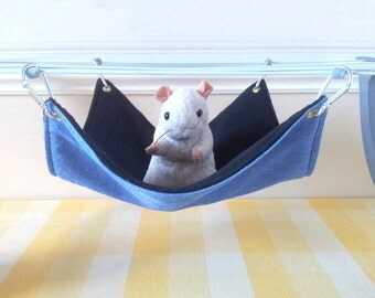 Large Pet Hammock Ferret Hammock Rat Hammock Blue and Black Handmade Hard Wearing Durable Upcycled Denim and Fleece Cage Accessory